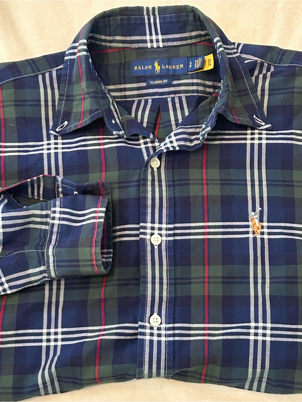 Polo Ralph Lauren Shirt S Small Plaid Classic Fit Blue Green Cotton Long Sleeve